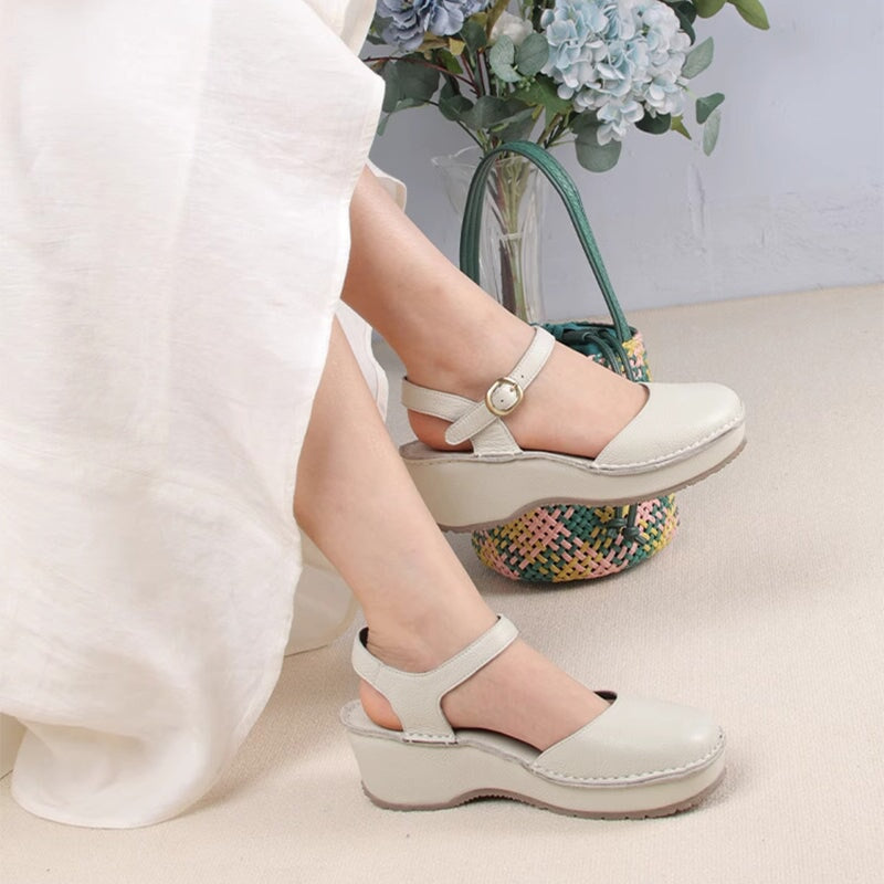 Handmade Leather Wedges Sandals Ankle Strap Slingback in Black/Khaki/Nude/Beige