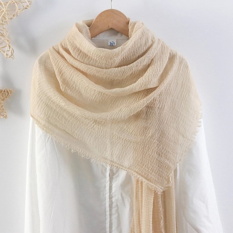 Hot Selling Solid Color Pleated Cotton And Linen Scarf Women's Bag Headscarf Crumpled Hair Fringe Bubble Scarf Women's Scarf Cover Head