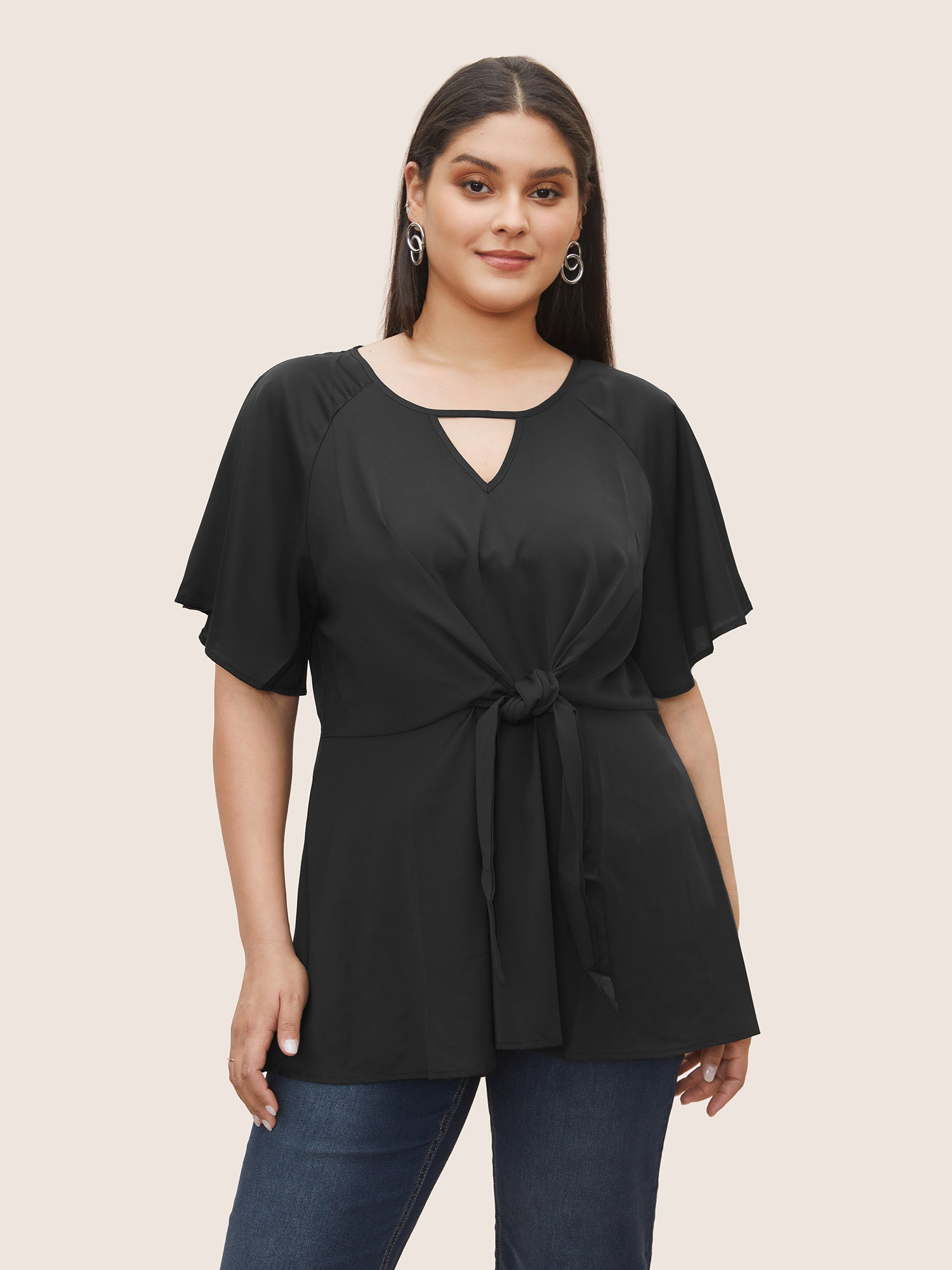 Plain Keyhole Knotted Front Ruffle Sleeve Blouse