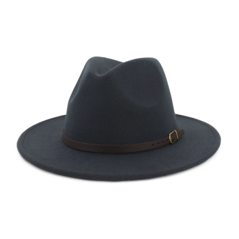 New Women's Woolen Brown Belt Buckle Top Hat Men And Women Couple Hat Flat Brim Big Brim Jazz Hat