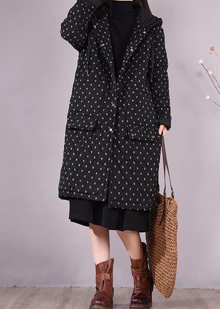 Loose Fitting Coats Black Hooded Pockets Casual Outfit