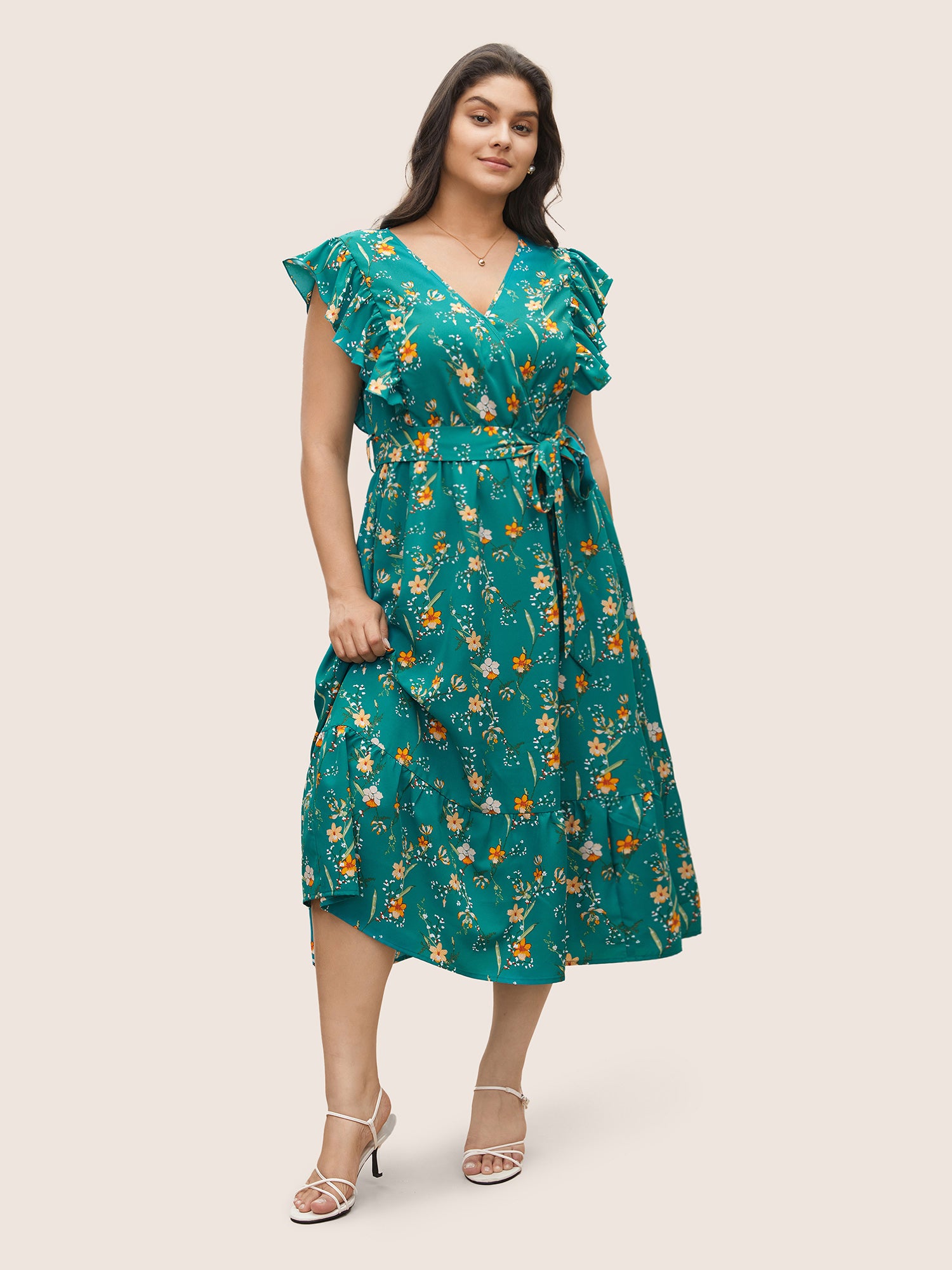 Ditsy Floral Flutter Trim Pocket Layered Hem Dress