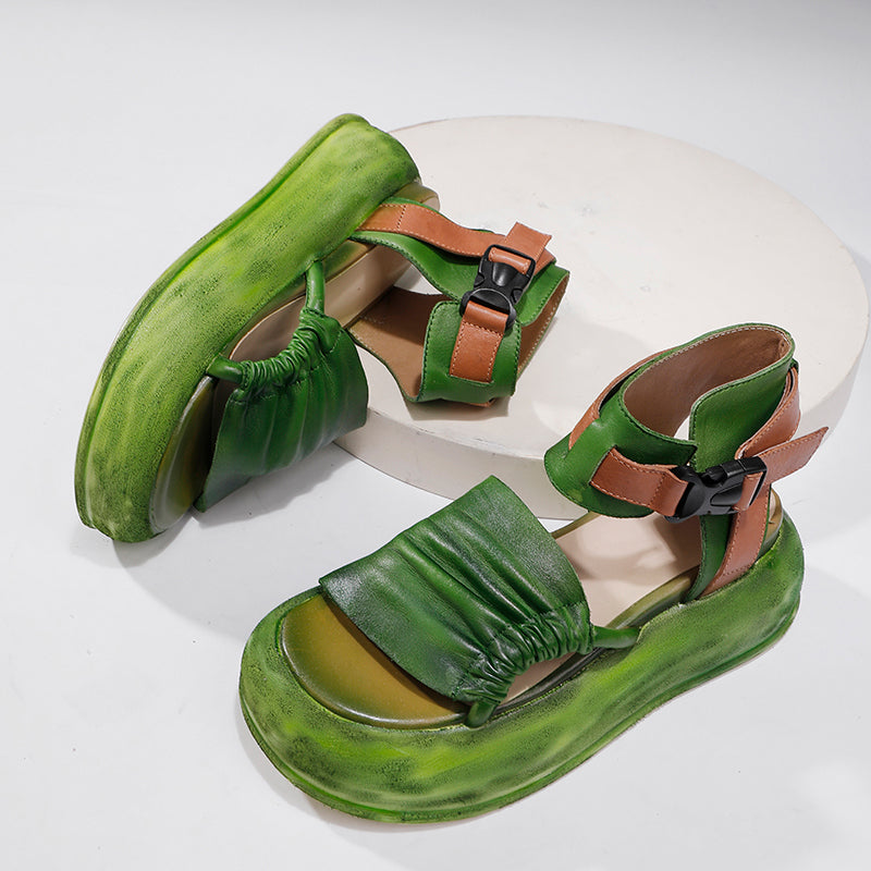 Fashion Peep Toe 65mm Platform Cowhide Slingback Sandals for Women with Buckle in Green/Black