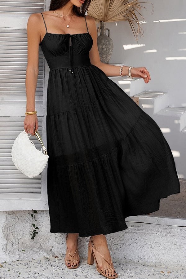 Fashion Solid Black Smocked Back Maxi Dress