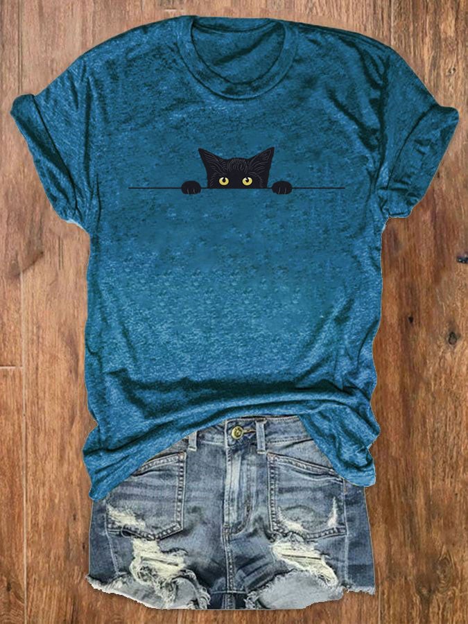 Women's Black Cat Print Crew Neck T-Shirt