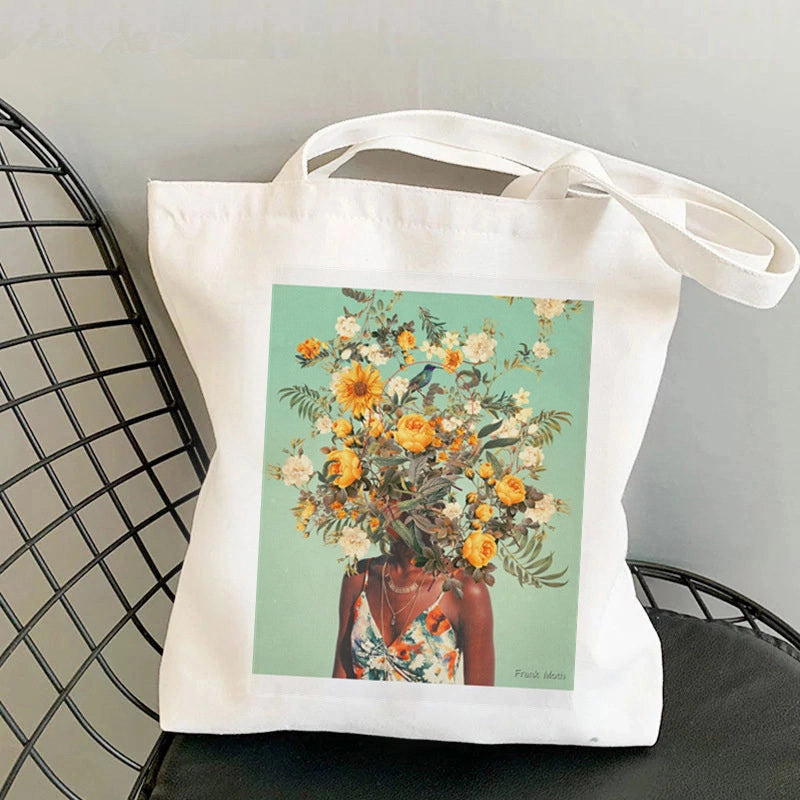 Women's Large Canvas Portrait Letter Flower Streetwear Square Open Shoulder Bag