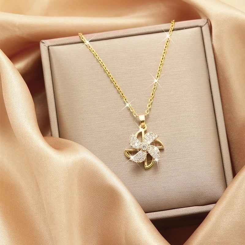 3 Pieces Lady Heart Shape Flower Titanium Steel Plating Inlay Zircon Gold Plated Pendant Necklace