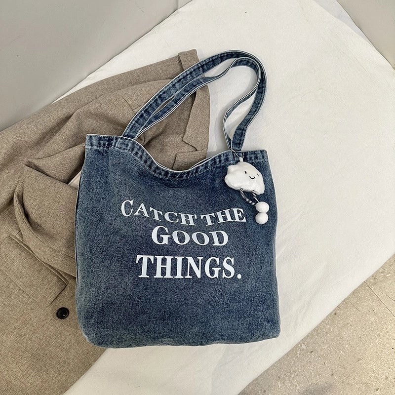 Women's Denim Letter Vintage Style Sewing Thread Square Magnetic Buckle Tote Bag