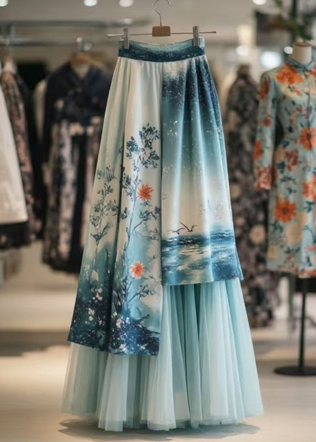 Chinese Style Blue Asymmetrical Print Tulle Patchwork Skirts Summer