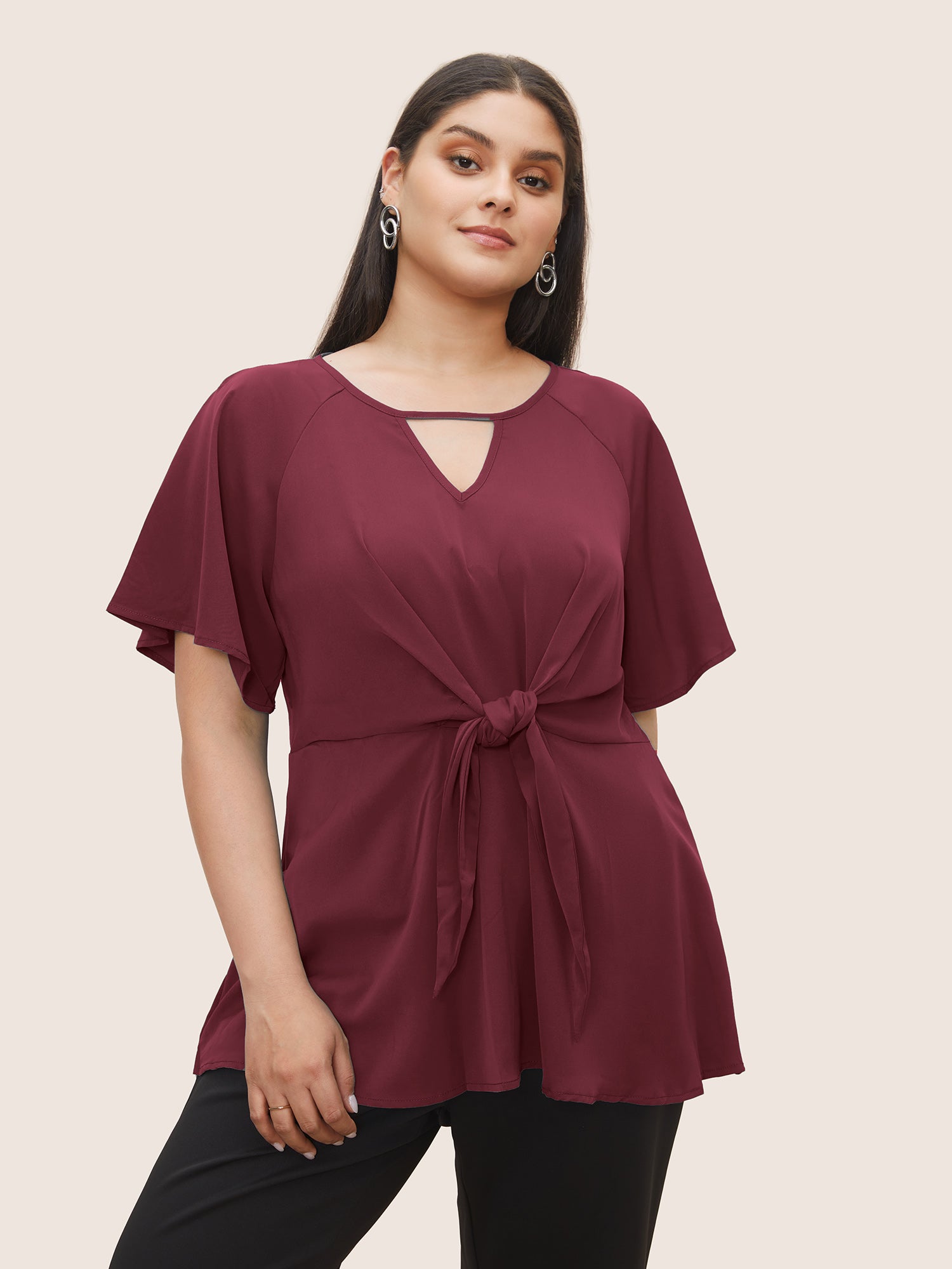 Plain Keyhole Knotted Front Ruffle Sleeve Blouse