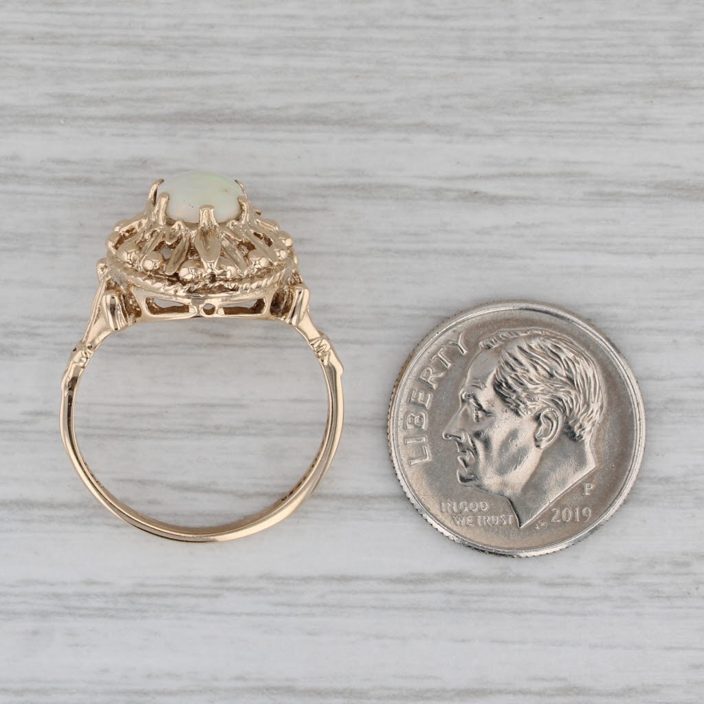Opal Oval Cabochon Solitaire Ring 10k Yellow Gold Vintage Ornate Size 7