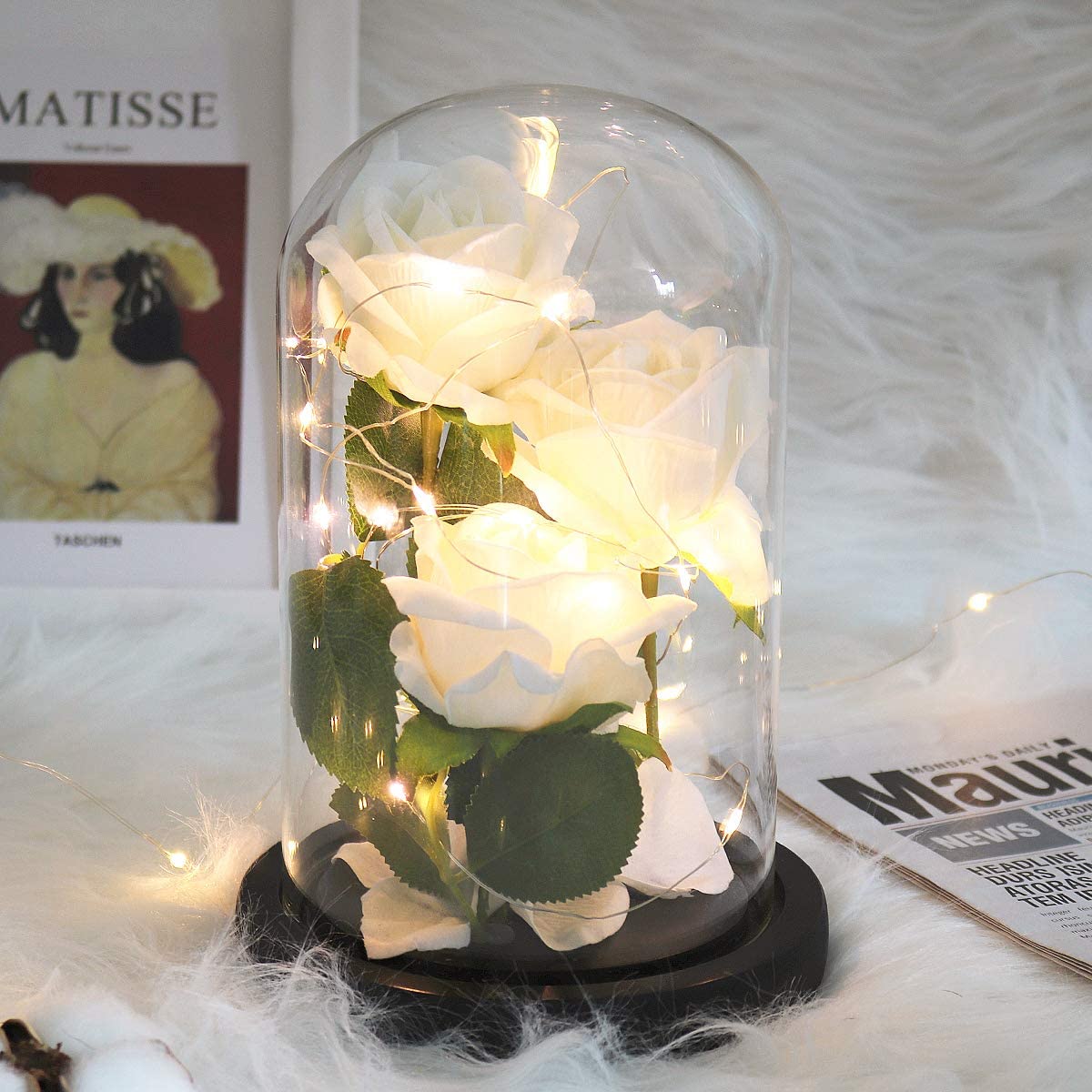 Rose That Lasts Forever in a Glass Dome with Led Lights.Gift for Mothers Day Valentine's Day Birthday Party Wedding Anniversary