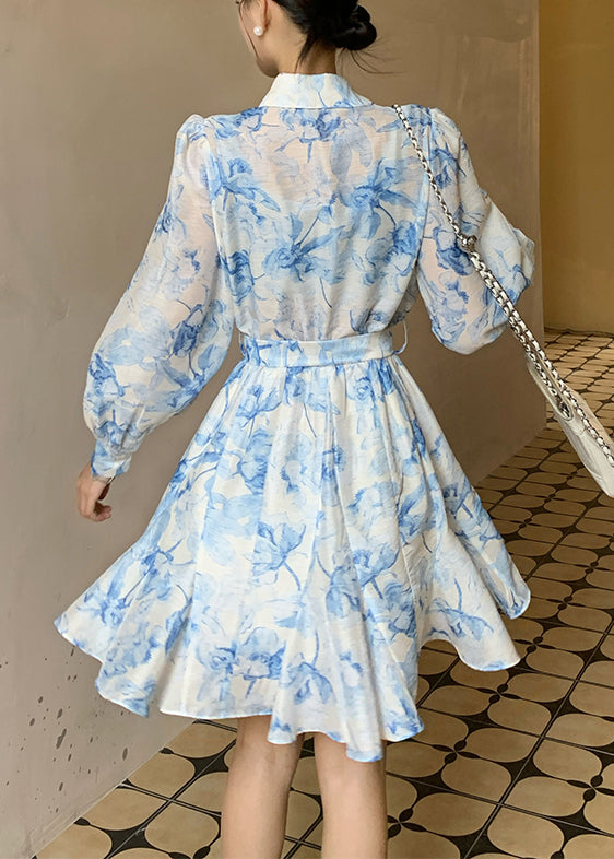 Elegant Blue Peter Pan Collar Print Tie Waist Cotton Blouses Dress Fall