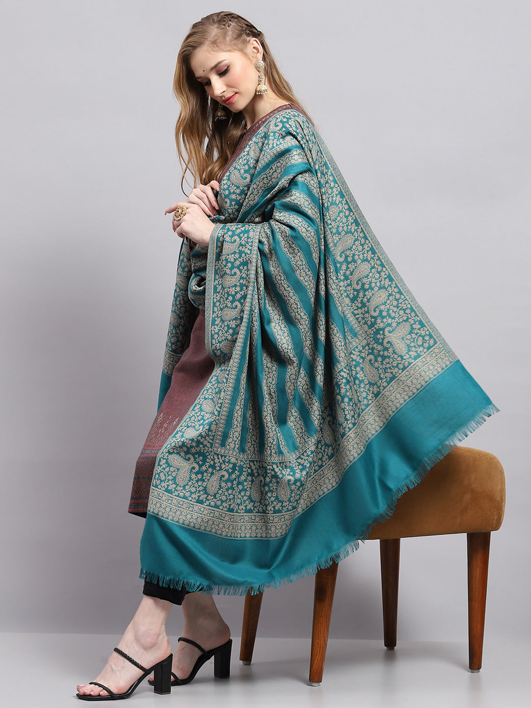 Women Turquoise Blue Self Design Shawl