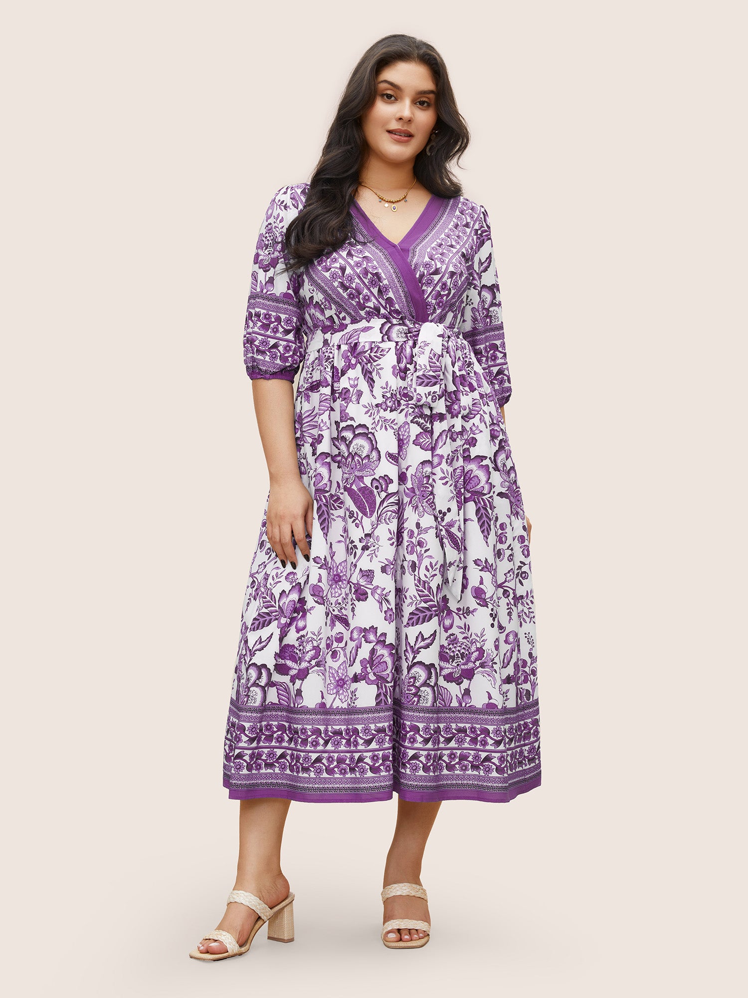 Bandana Print Surplice Neck Lantern Sleeve Pocket Belted Midi Dress