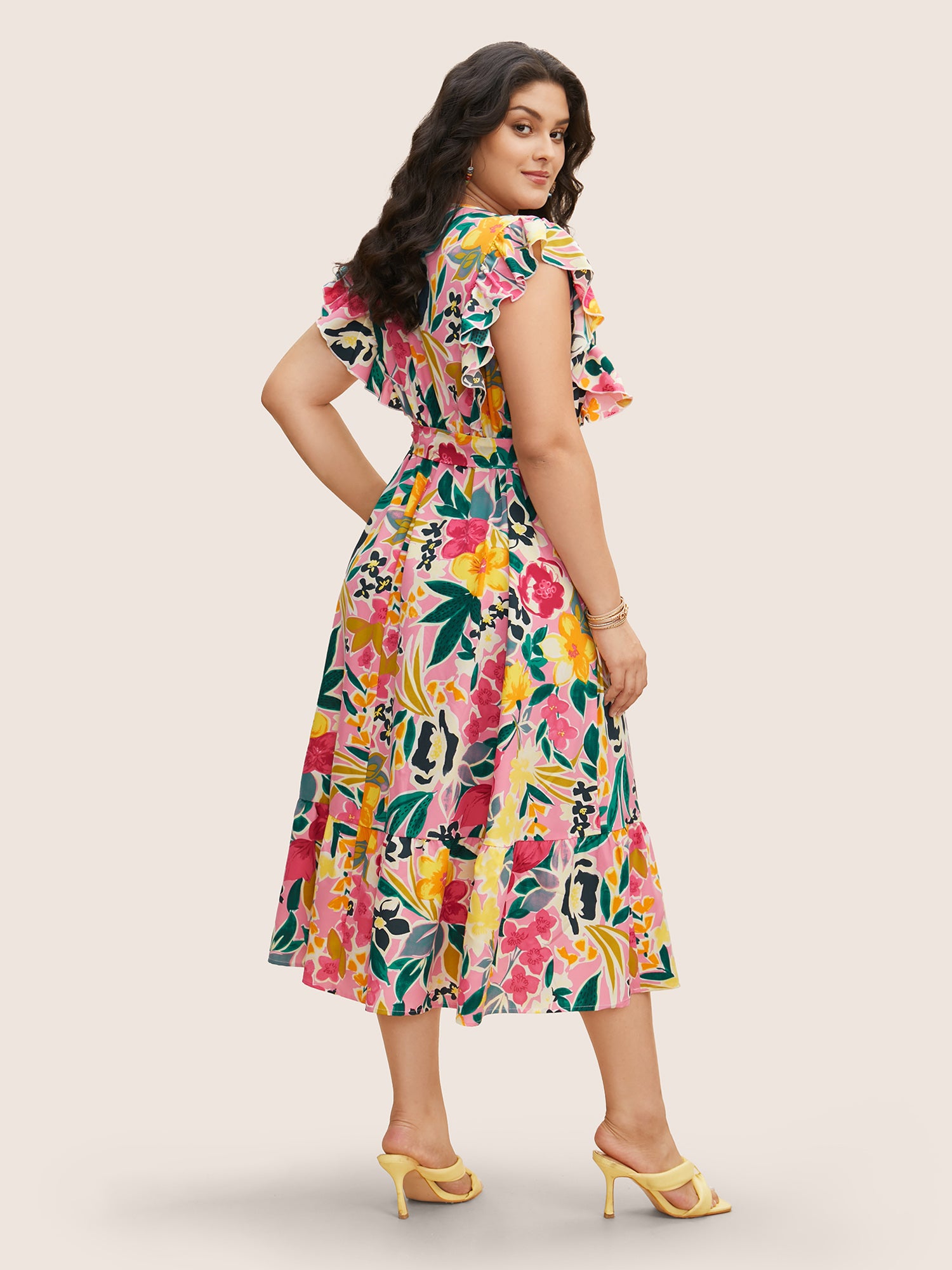 Floral Wrap Patchwork Ruffle Cap Sleeve Dress