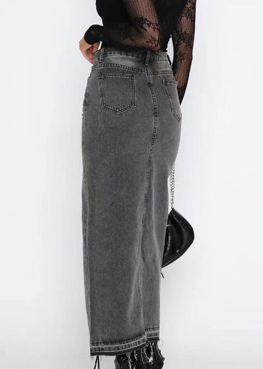 Women Grey High Waist Side Open Denim Skirts Summer
