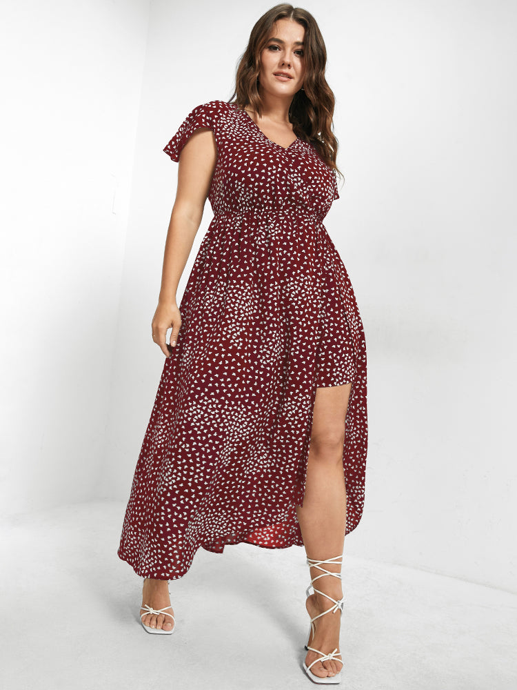 V Neck Butterfly Pattern Split Dress