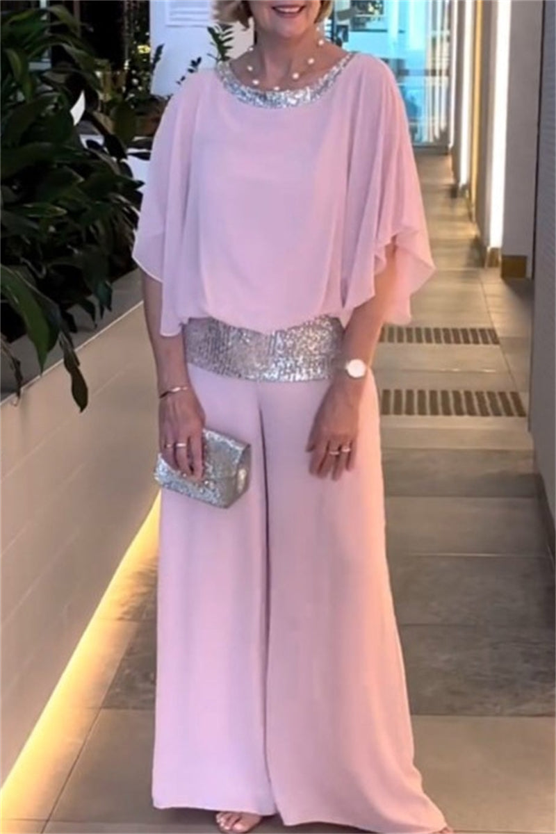 Casual Solid Color Sequins Patchwork O Neck Half Sleeve Two Pieces