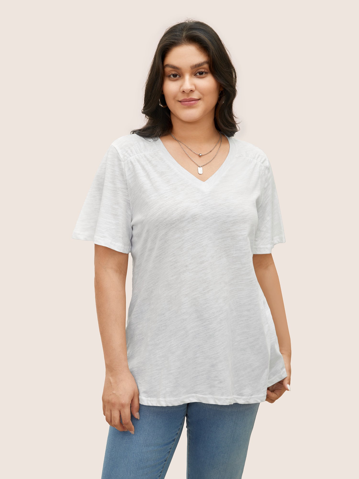 Plain Ruffle Sleeve Heather V Neck T-shirt