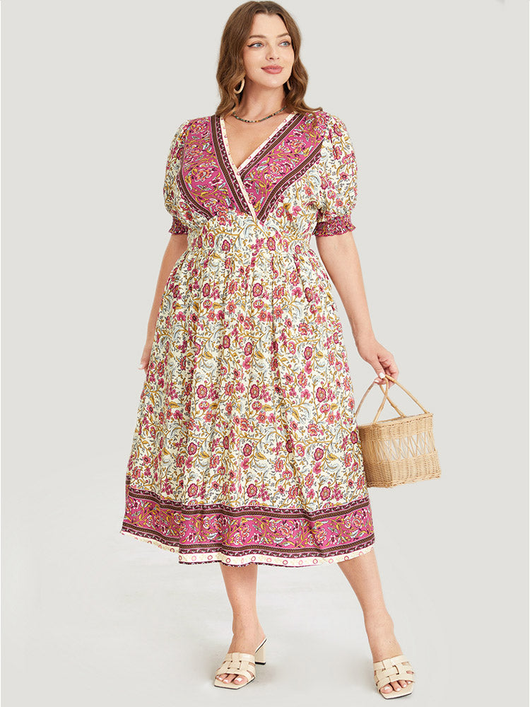 Bandana Print Surplice Neck Pocket Shirred Puff Sleeve Dress