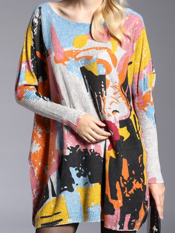 Vintage Wool Blend Contrast Color Printed Sweater