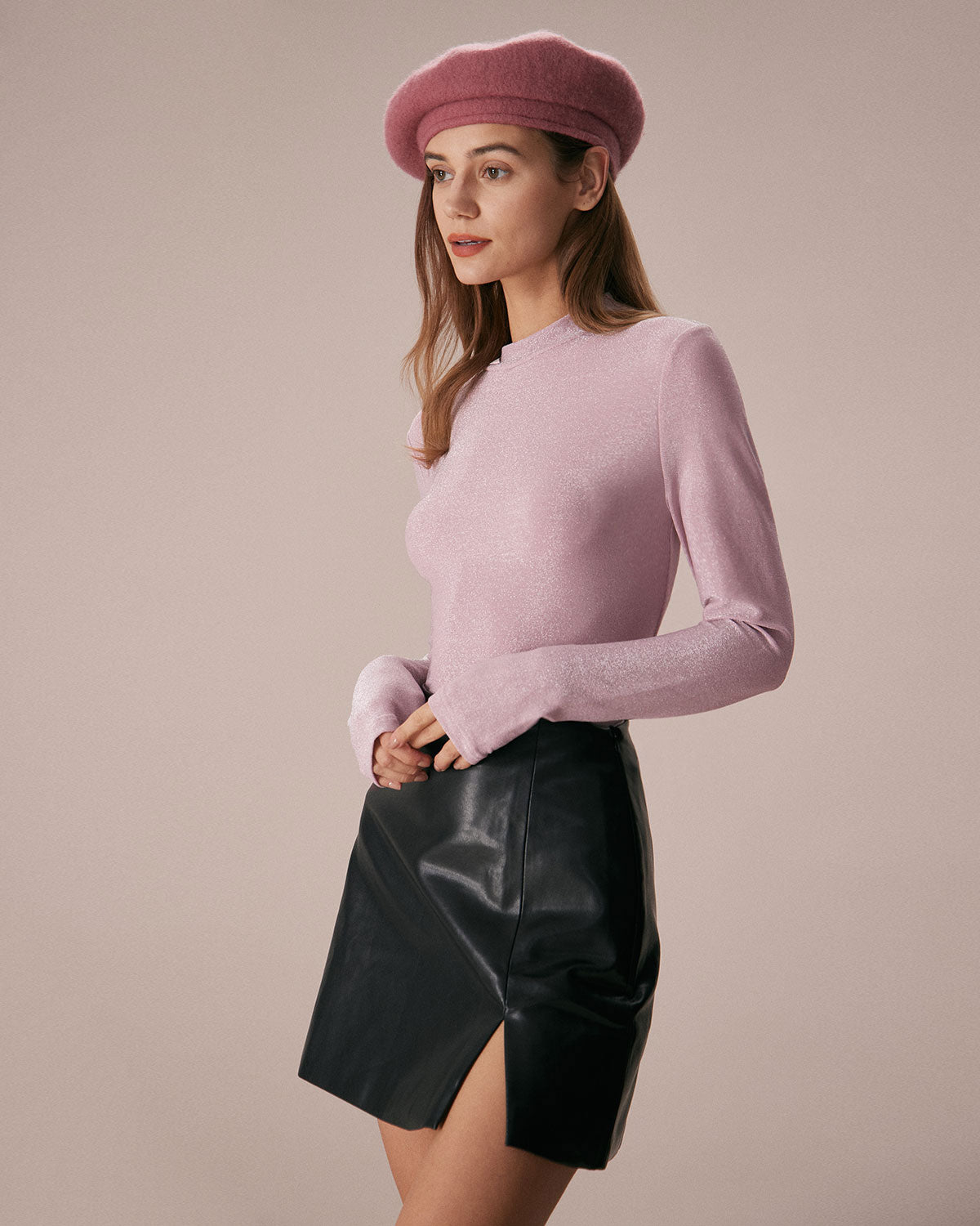 The Pink Mock Neck Long Sleeve Lurex Tee