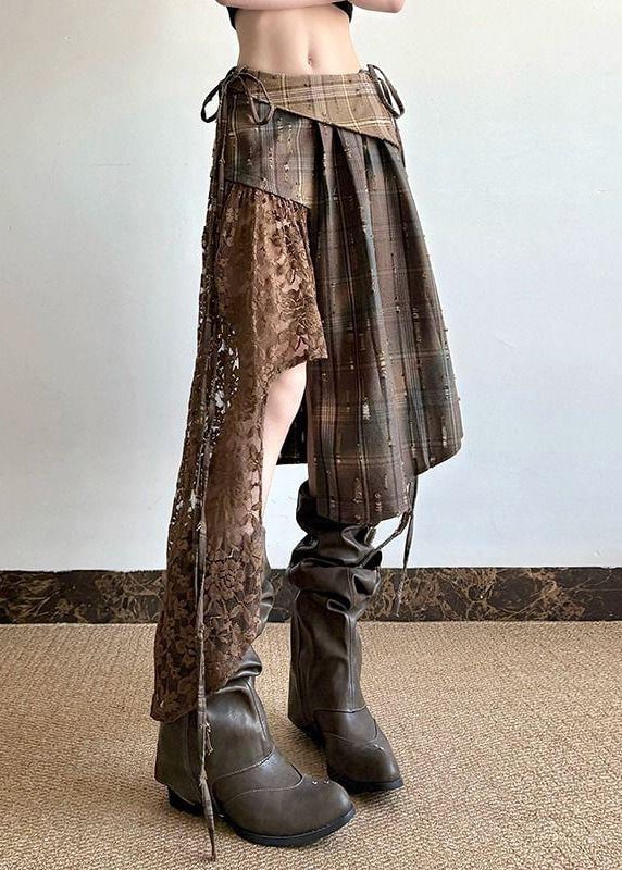 Chic Plaid Asymmetrical Lace Patchwork Cotton Skirt Summer