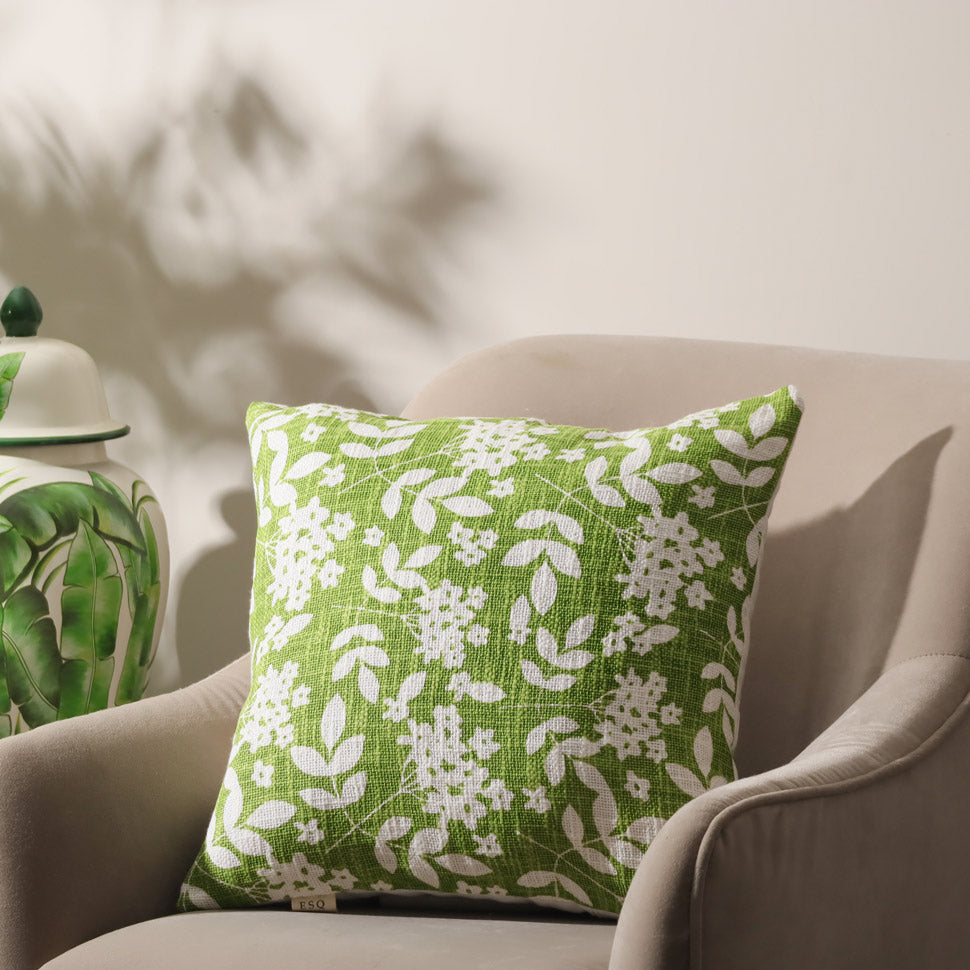 Magnolia Printed Cotton Cushion Cover - Green White