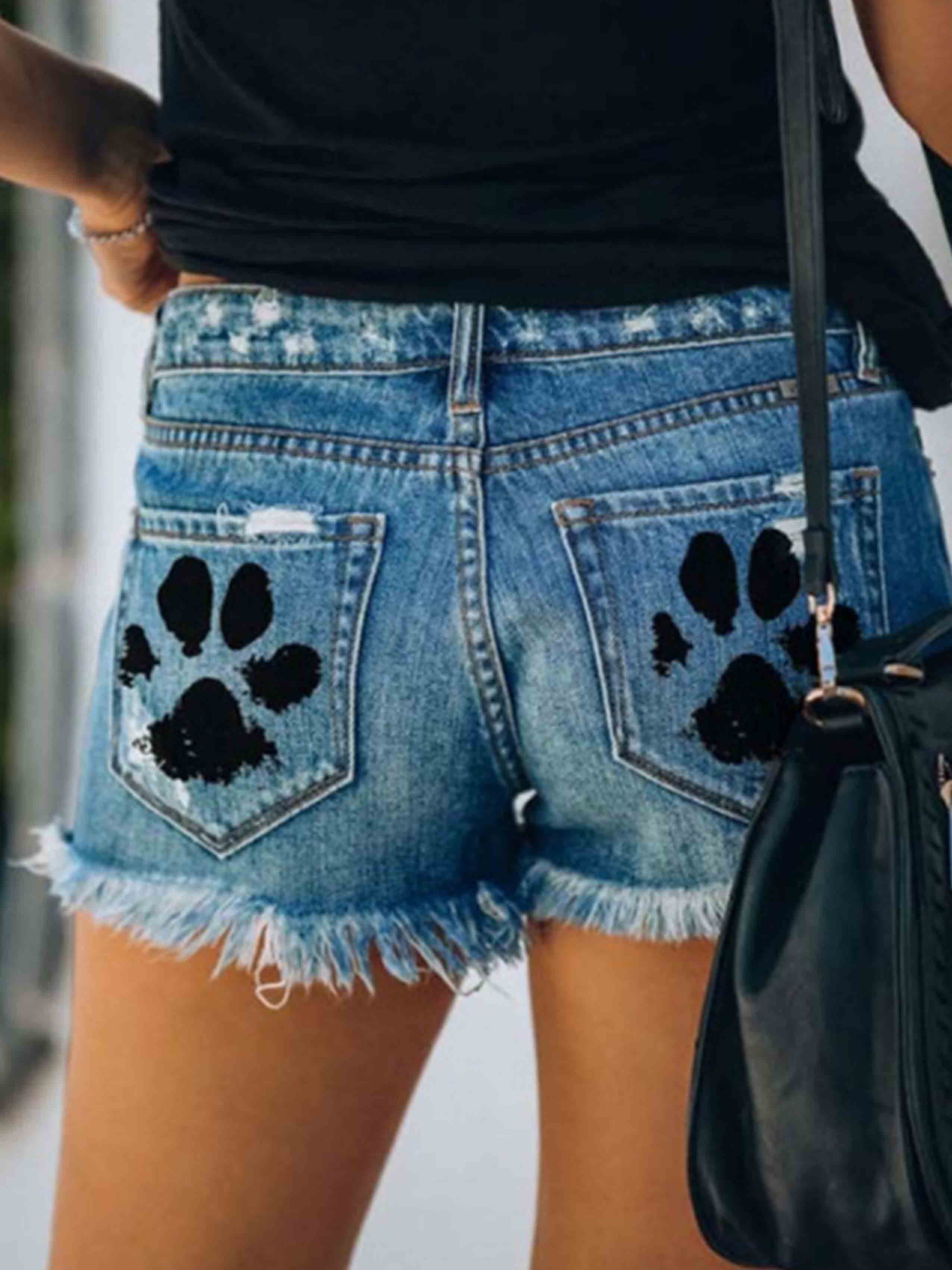 Ripped Print Denim Shorts