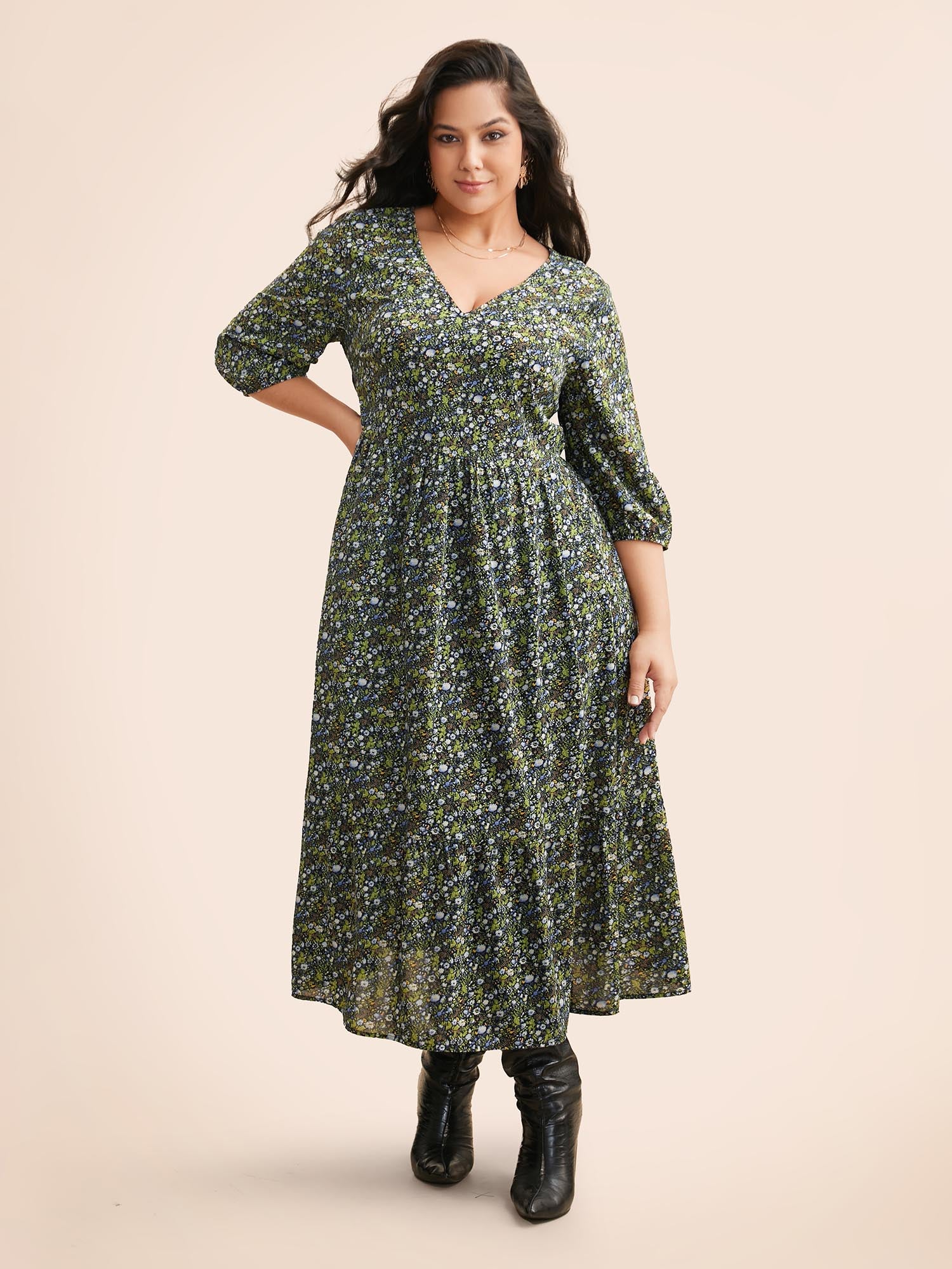 Ditsy Floral Lantern Sleeve Ruffle Hem Dress