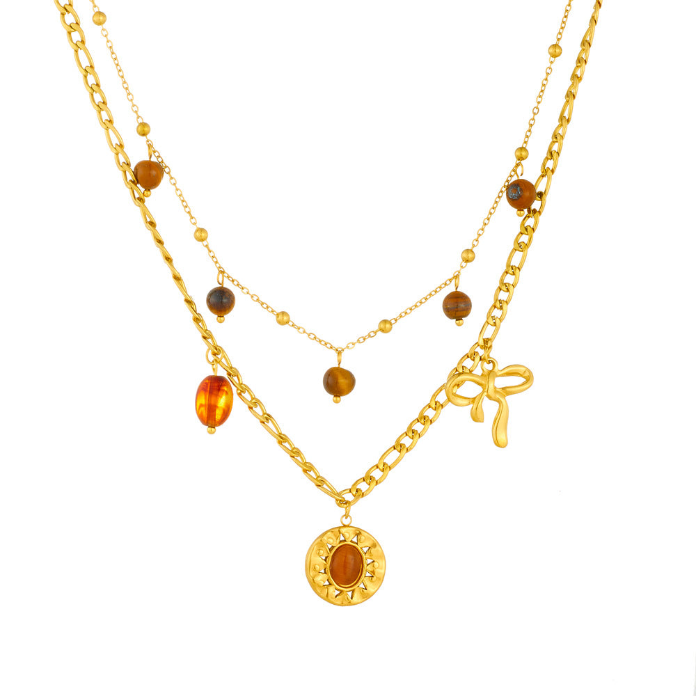 Retro Round Tiger Eye Stone Sun Pendant Necklace Bow Accessories Stainless Steel Double Layer Clavicle Chain