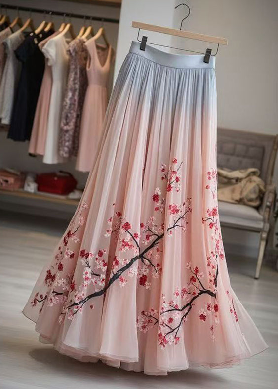 Elegant Pink Print Elastic Waist Chiffon Pleated Skirt Summer