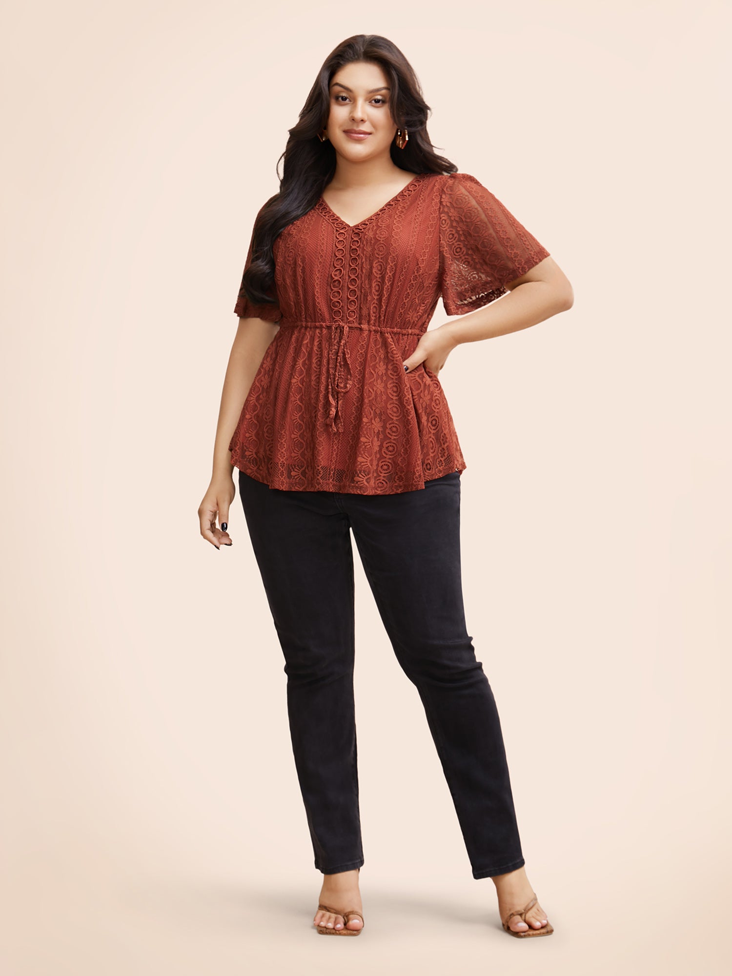 V Neck Lace Panel Drawstring Blouse