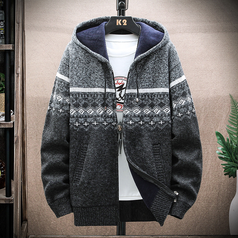 Men's Vintage Knitted Pattern Hooded Cardigan Sweater