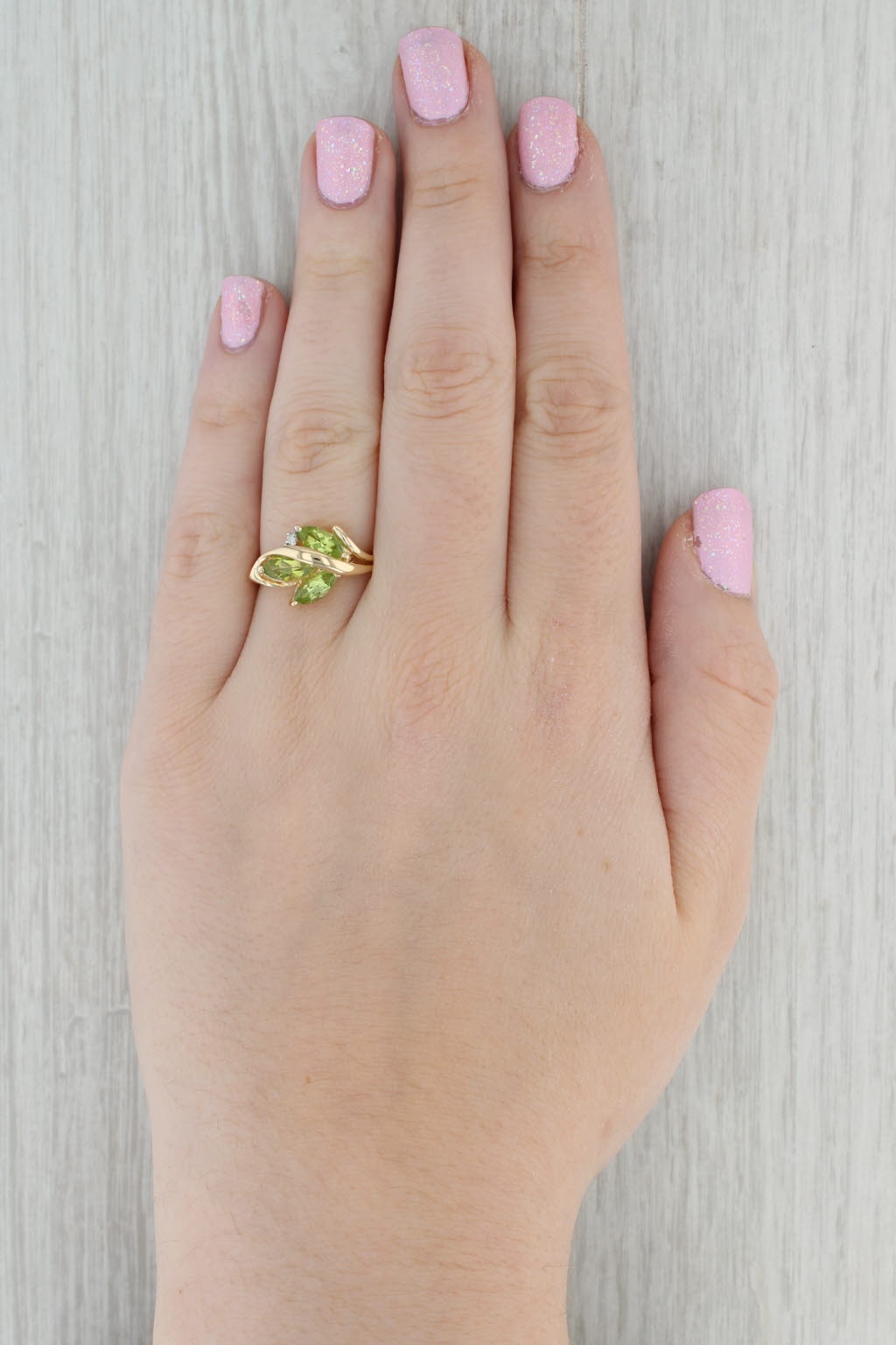 1.96ctw Peridot 3-Stone Ring 14k Yellow Gold Size 7.75 Diamond Accent