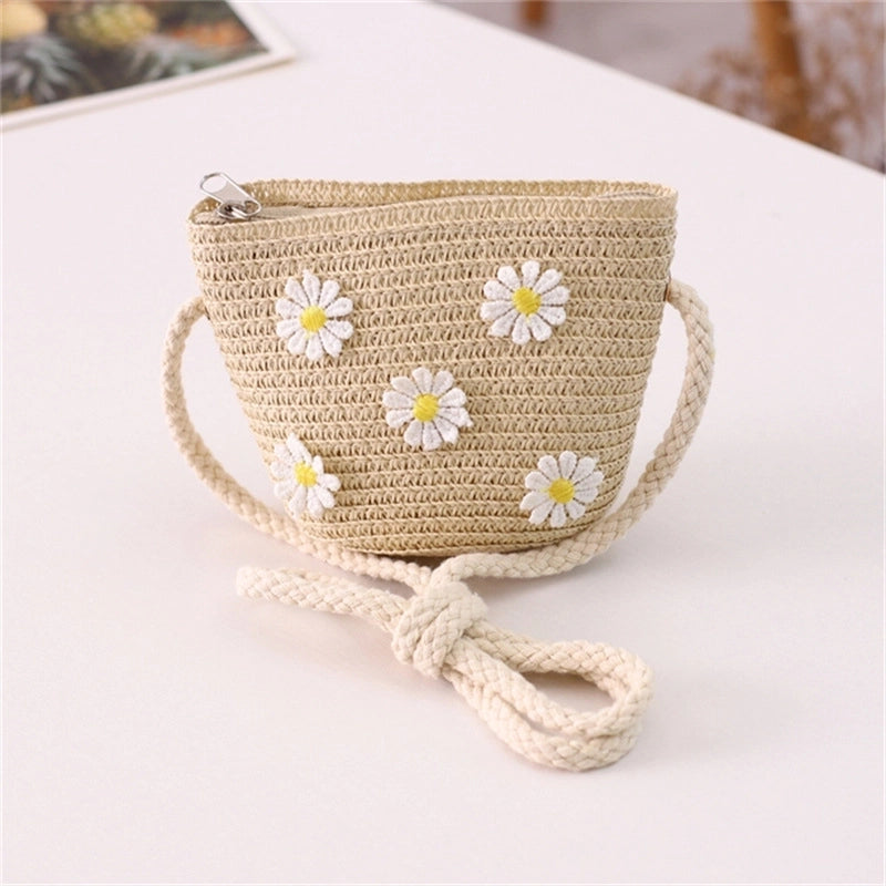 Girl's Straw Flower Strawberry Bow Knot Cute Bucket Zipper Crossbody Bag