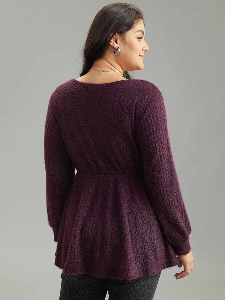 Solid Texture Fluffy Knot Ruffle Hem T-shirt