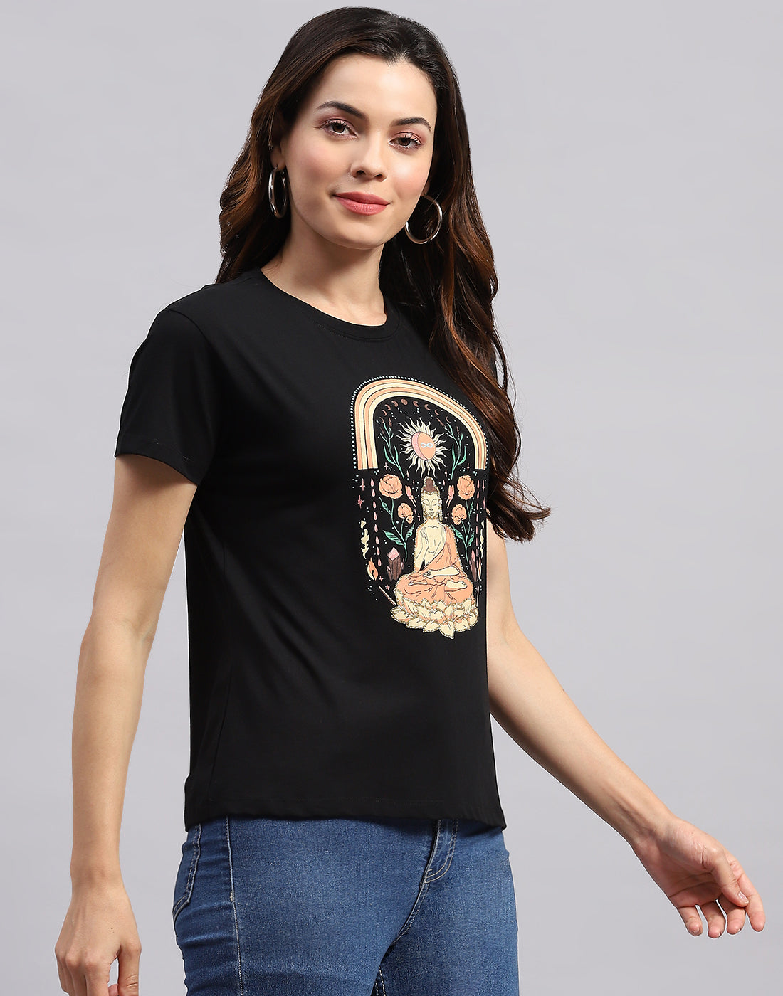 Women Black Printed Round Neck Half Sleeve Top