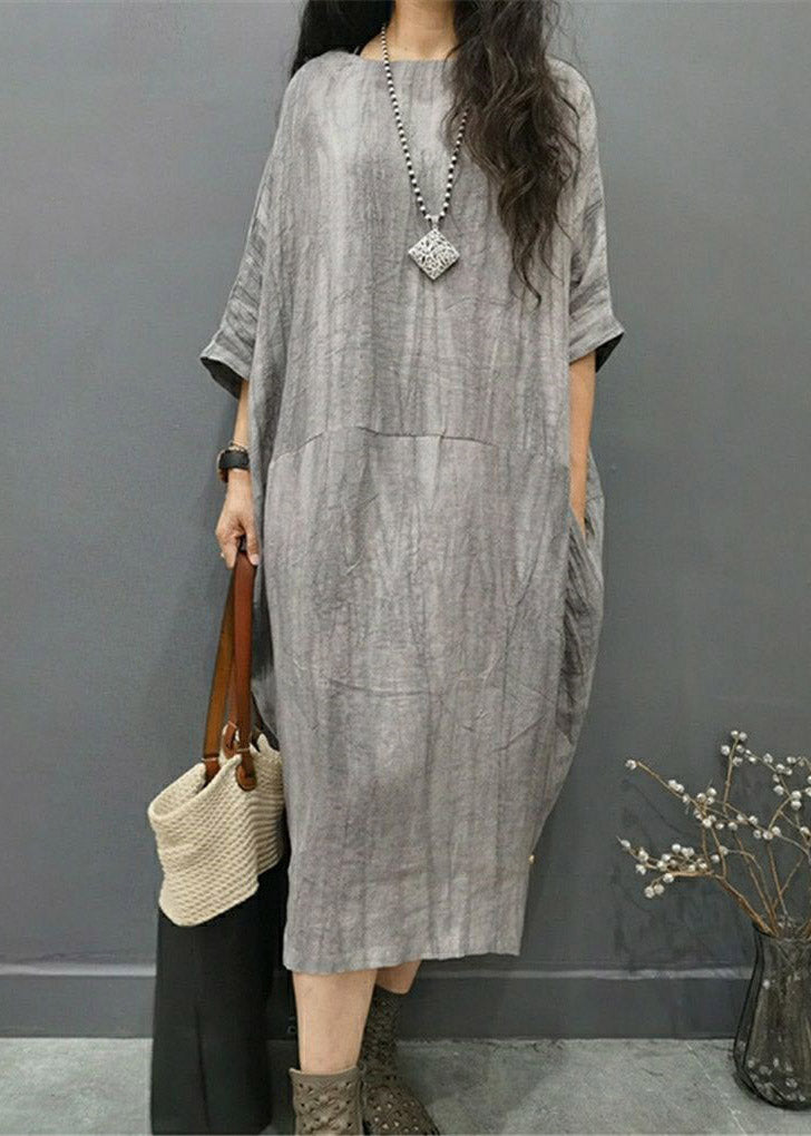 Beautiful Grey O-Neck Wrinkled Side Open Linen Long Dress Batwing Sleeve