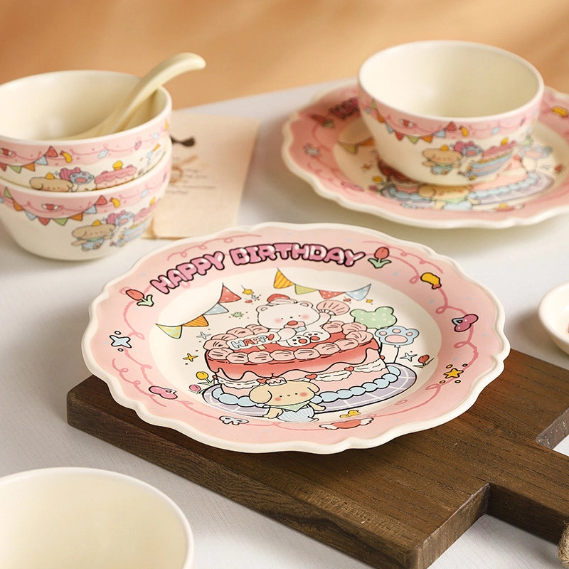 Cute Cartoon Ceramics Plate Bowl Mug 1 Set