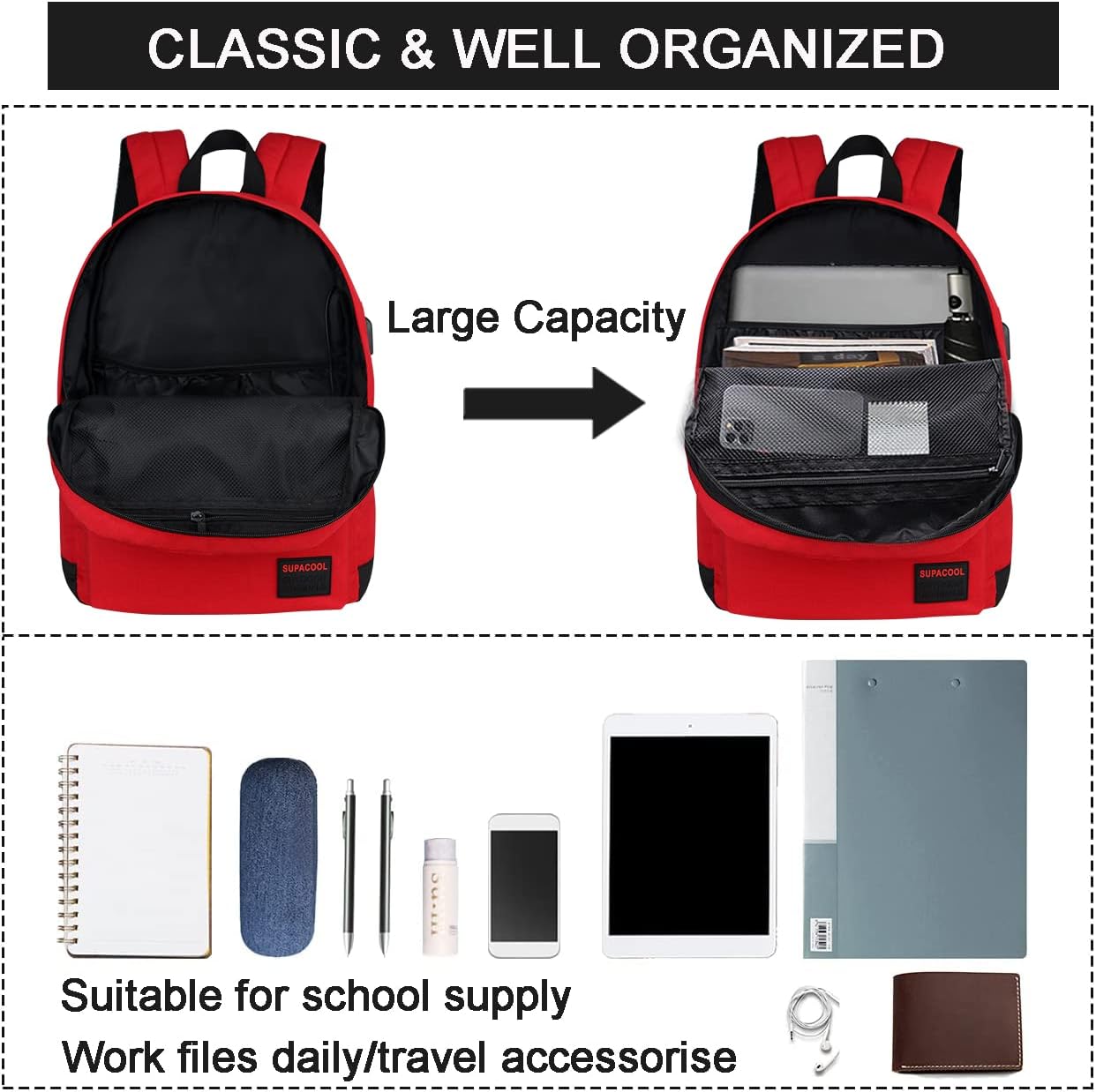 SUPACOOL Casual Laptop Backpack for Men and Women, School Backpack for Boys and Girls, College Bookbag, USB Charging Port, Lightweight Back Pack(Black)