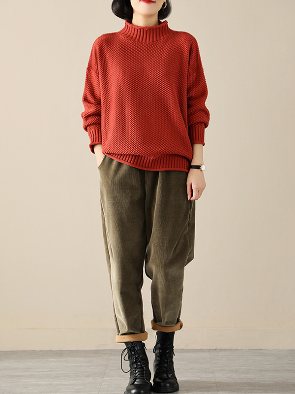 Casual Loose Long Sleeves Solid Color High-Neck Sweater Tops