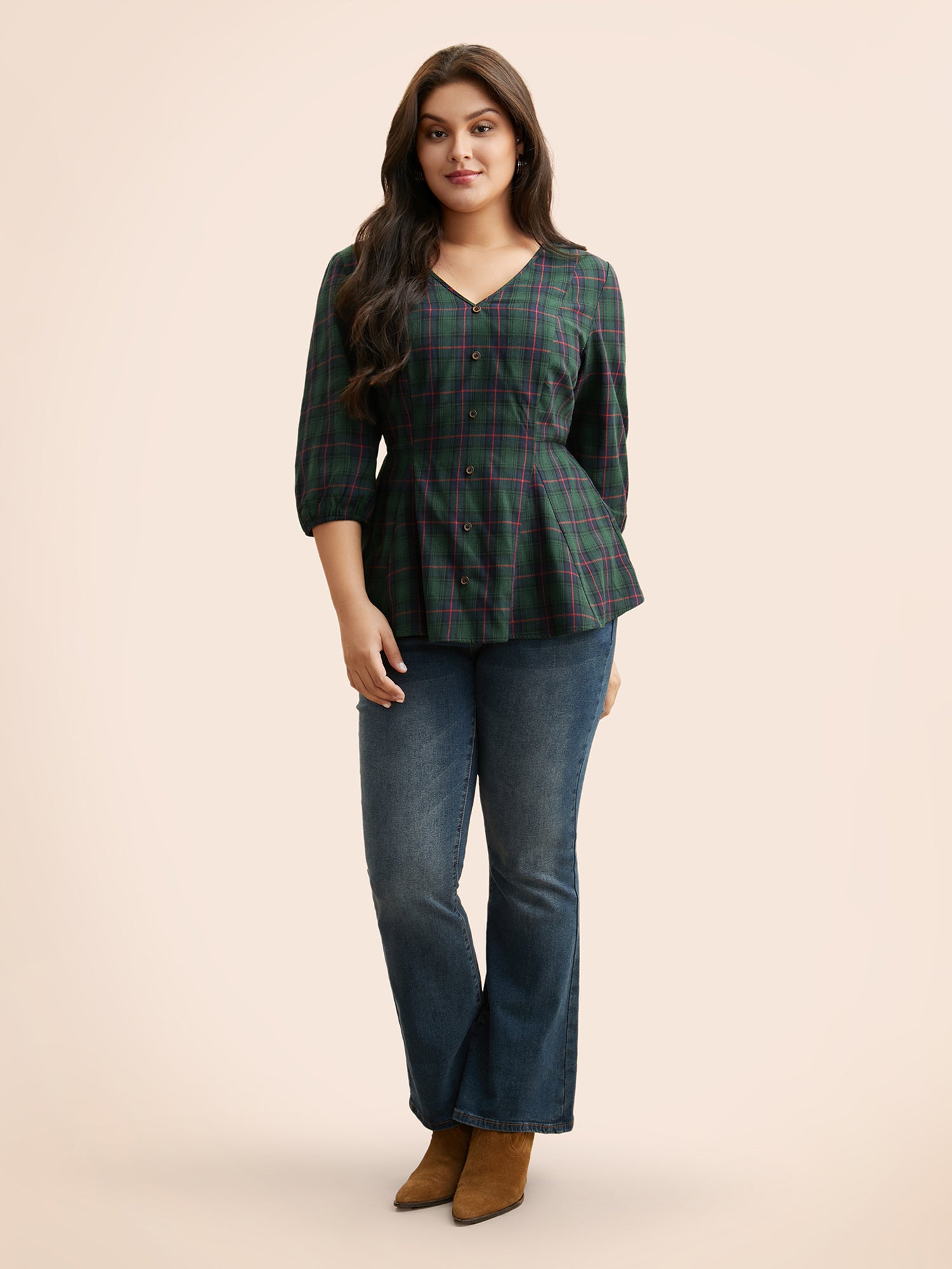 Plaid Button Detail Lantern Sleeve Blouse