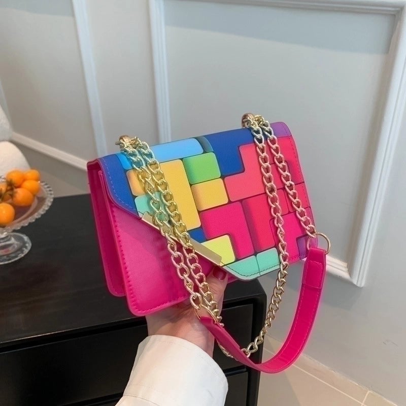 Women's Small Pu Leather Color Block Streetwear Square Magnetic Buckle Shoulder Bag Crossbody Bag