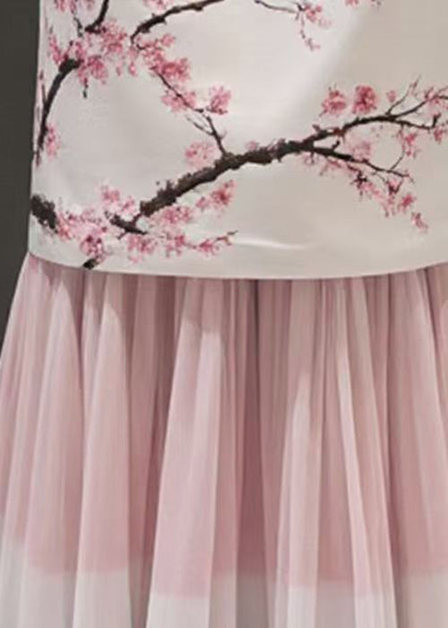 Fashion Pink Print False Two Pieces Chiffon Patchwork Skirts Summer