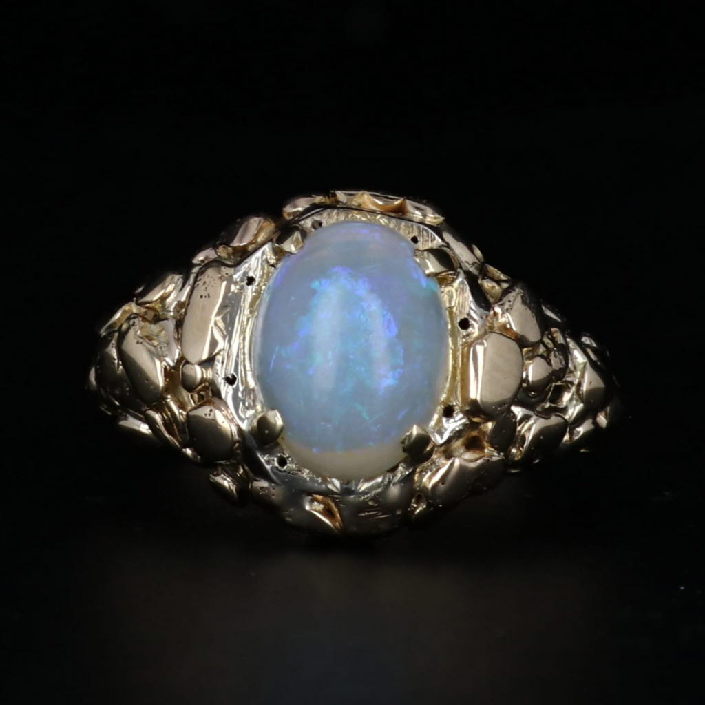 Vintage Opal Gold Nugget Ring 14k Yellow Gold Size 4.75 Oval Cabochon Solitaire