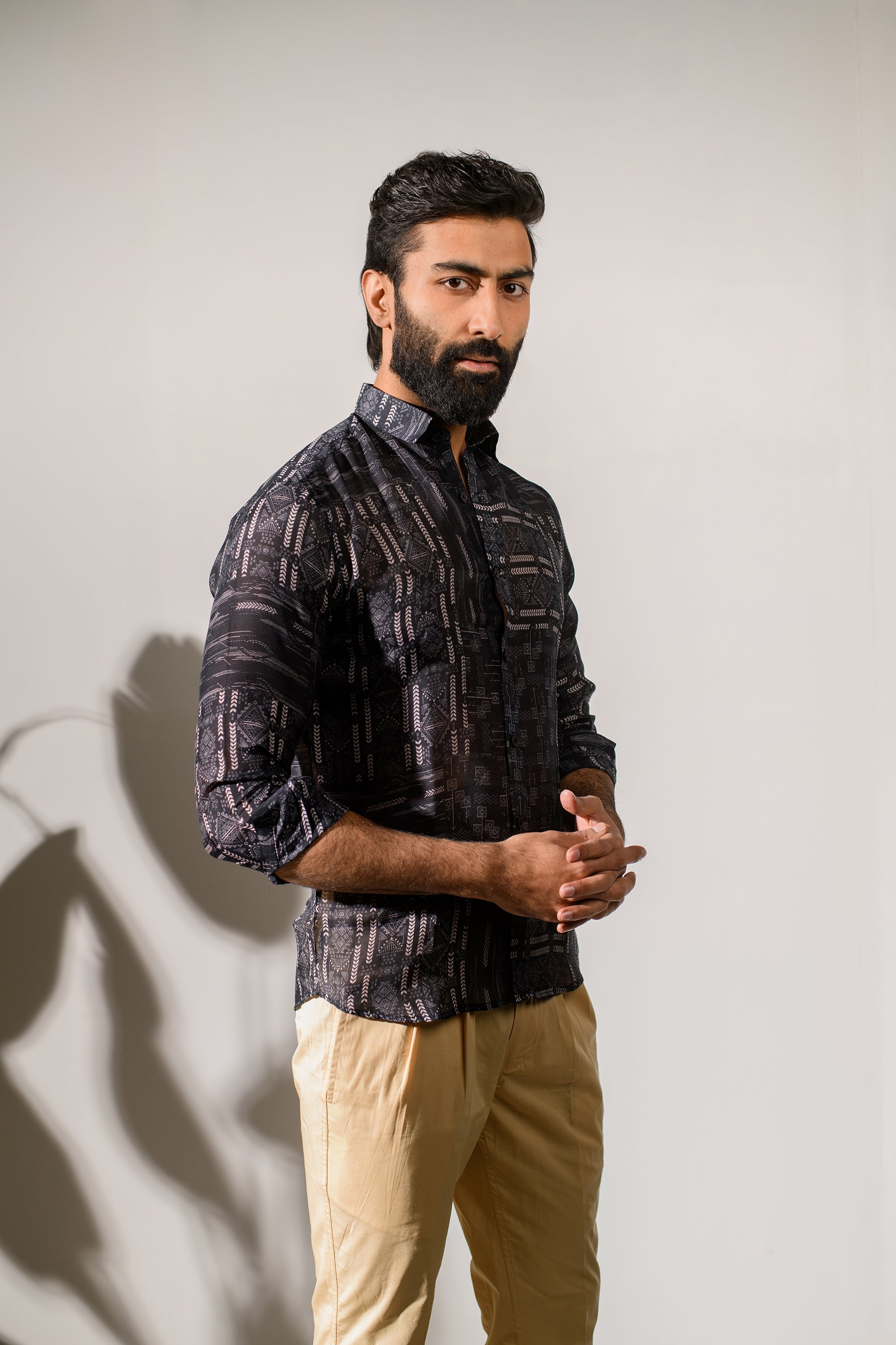 Rustic Boho Black Silk Oxford Collar Shirt For Men