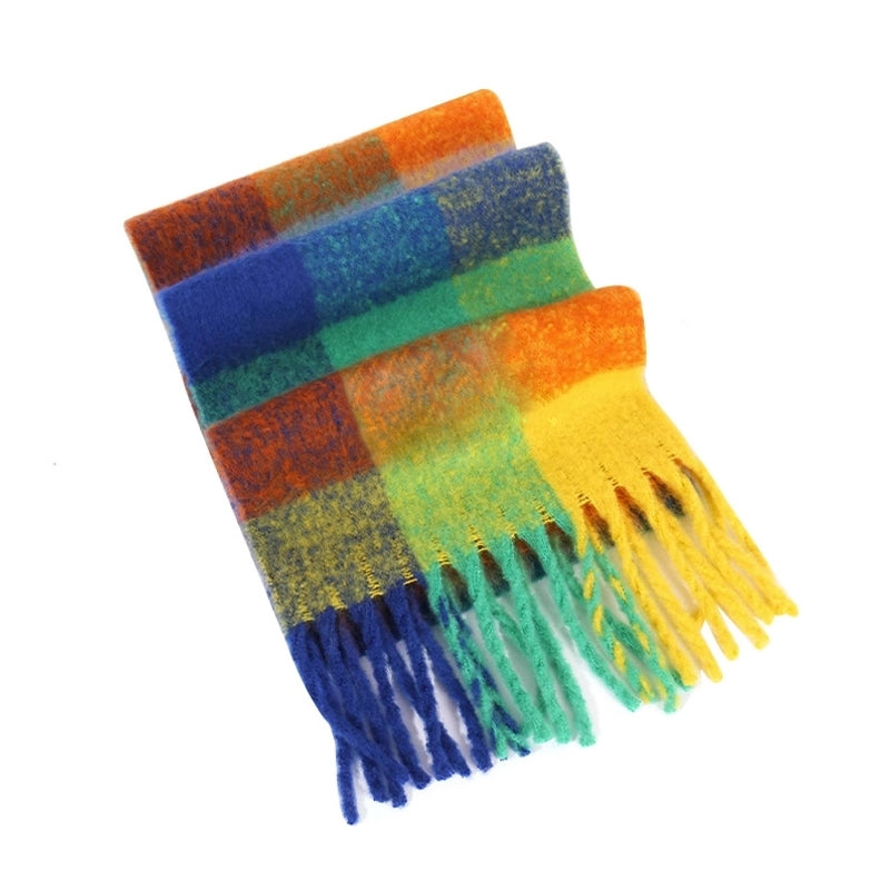Rainbow Plaid Scarf Women's Autumn And Winter Thickened Mohair Student Couple Contrast Color Matching Thickened