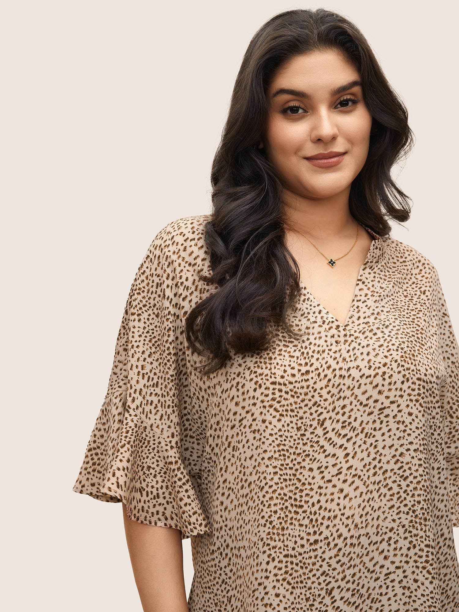 Leopard Print V Neck Ruffle Sleeve Blouse